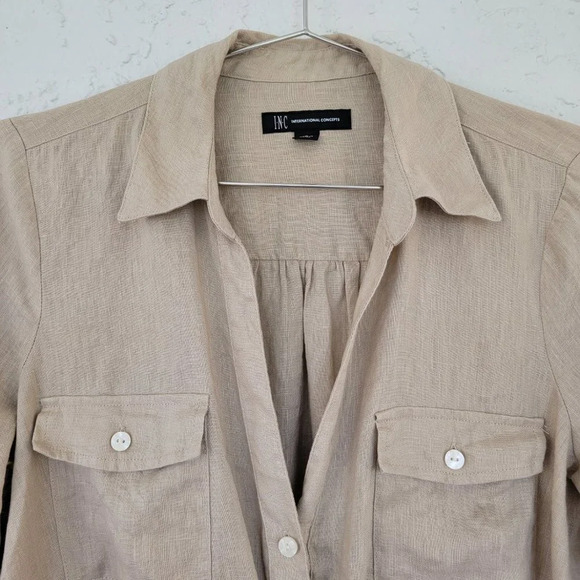INC Linen Buttondown Cropped Top Womens Size S Tan Brown Twisted Front - Picture 4 of 10